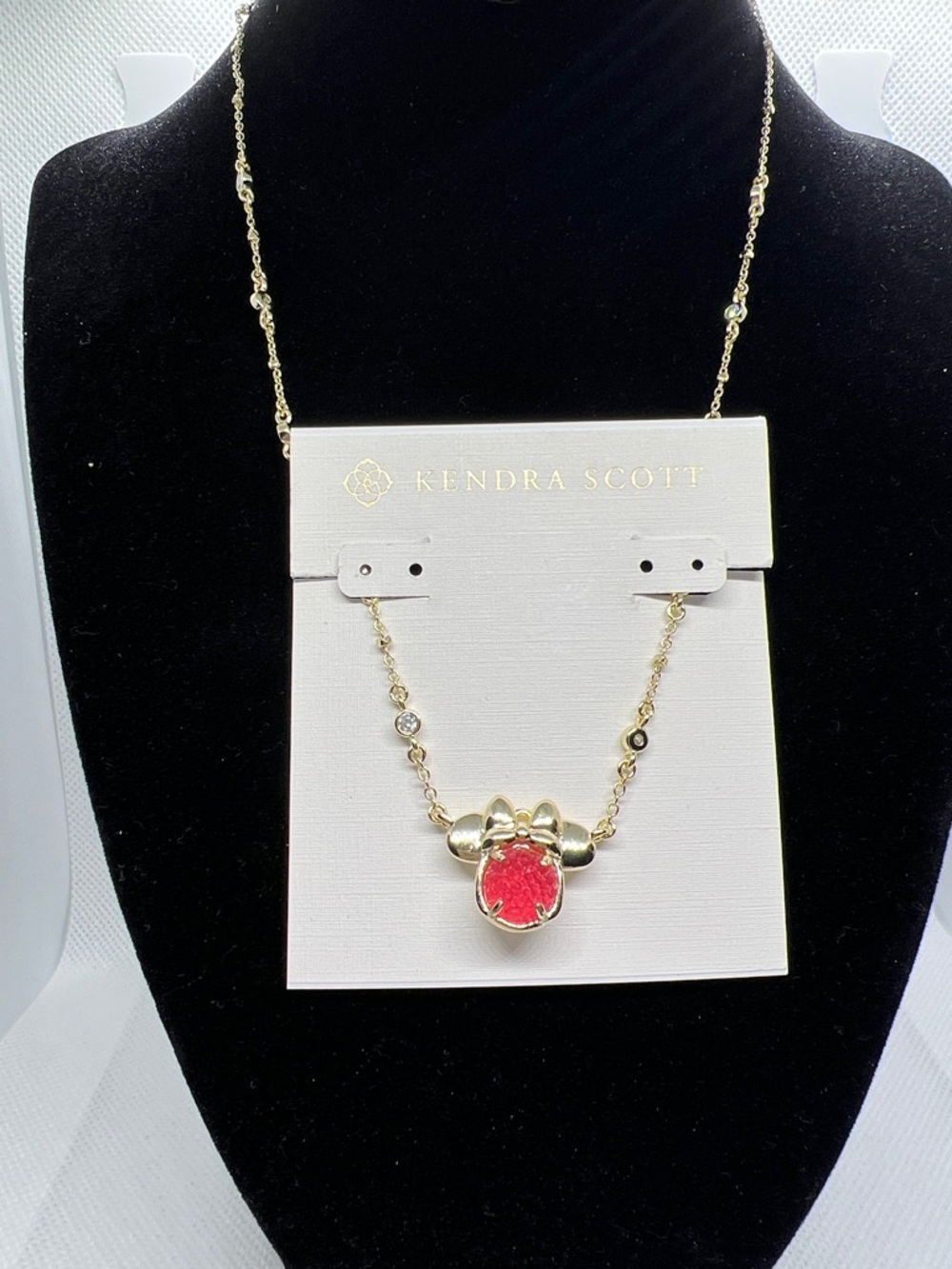 Kendra Scott Gold Necklace with Red Dursy Minnie Mouse Stone Pendant
